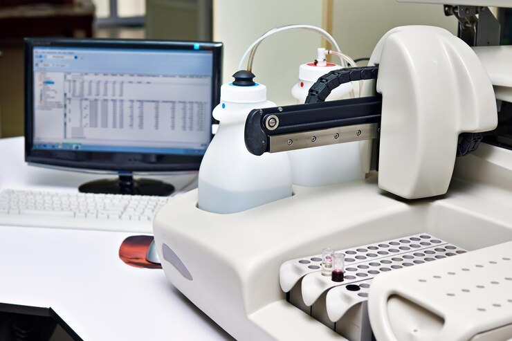 A laboratory workstation with a computer and an automated medical analysis machine.