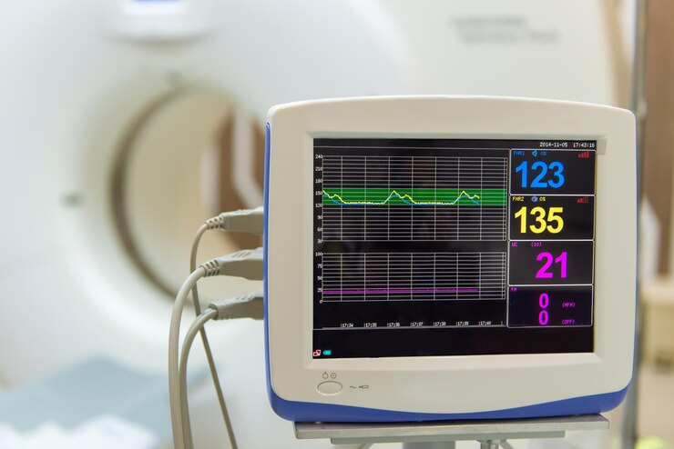 A medical monitor displaying vital signs in front of a CT scanner.